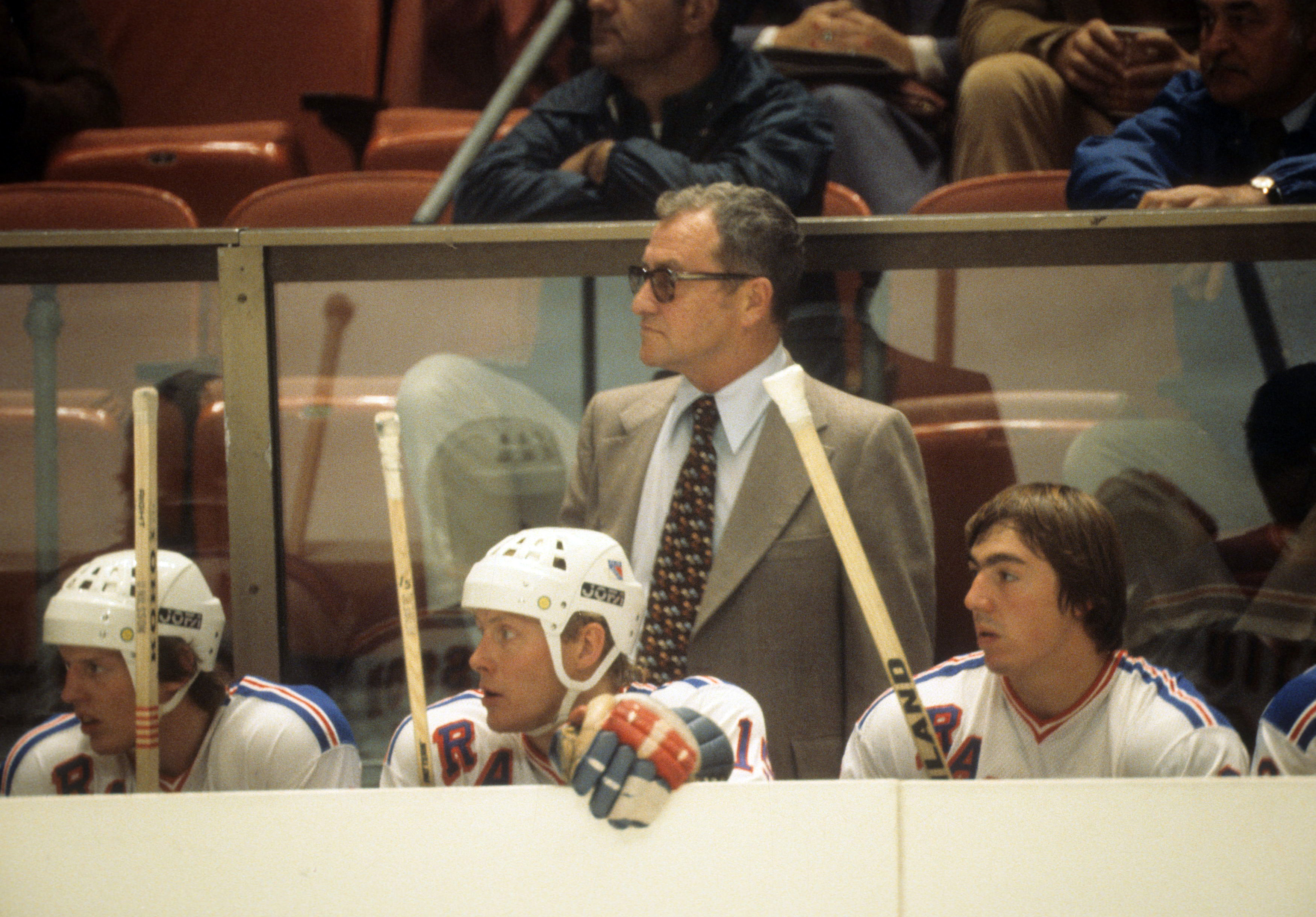 NEW YORK, NY - OCTOBER, 1978:  Head coach Fred Shero of the New York Rangers looks on from the bench during an NHL game in October, 1978 at the Madison Square Garden in New York, New York.  (Photo by B Bennett/Getty Images)