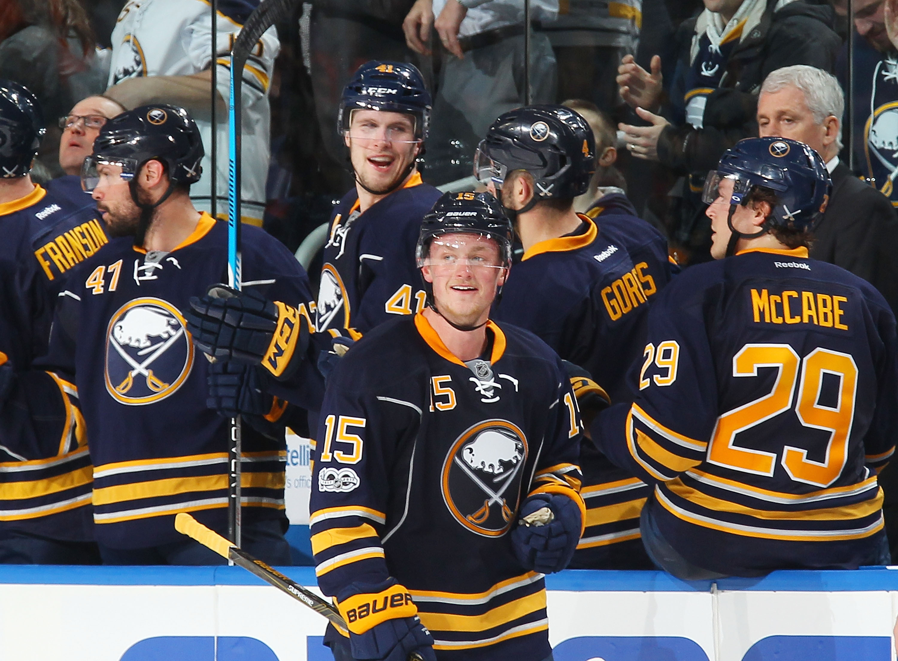 BUFFALO, NY - MARCH 07: Jack Eichel #15 of the Buffalo Sabres celebrates his second period goal against the Philadelphia Flyers during an NHL game at the KeyBank Center on March 7, 2017 in Buffalo, New York.  (Photo by Bill Wippert/NHLI via Getty Images)