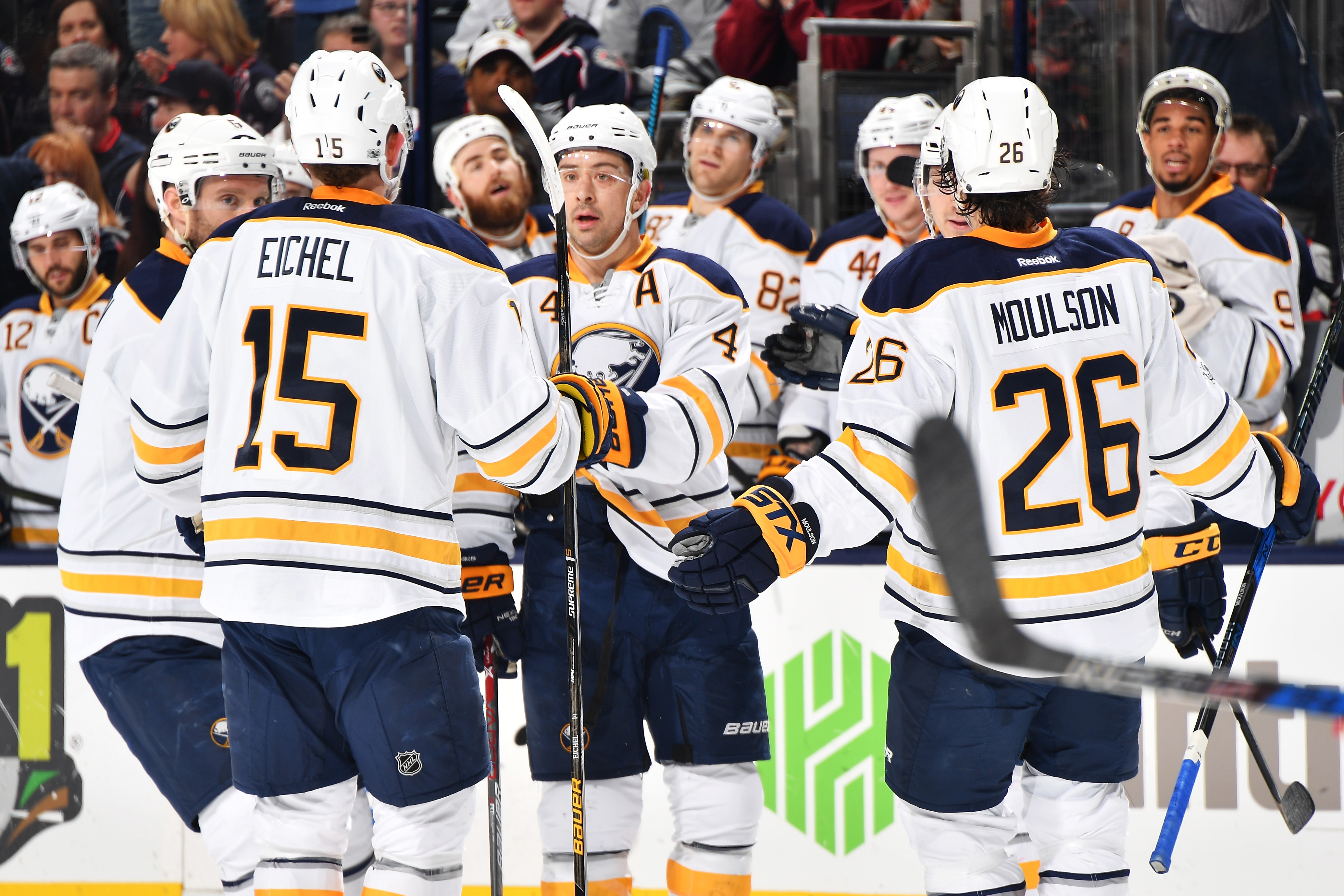 COLUMBUS, OH - MARCH 10: Josh Gorges #4 of the Buffalo Sabres celebrates his second period goal with teammates Cody Franson #6, Jack Eichel #15 and Matt Moulson #26 of the Buffalo Sabres during a game against the Columbus Blue Jackets on March 10, 2017 at Nationwide Arena in Columbus, Ohio.  (Photo by Jamie Sabau/NHLI via Getty Images)