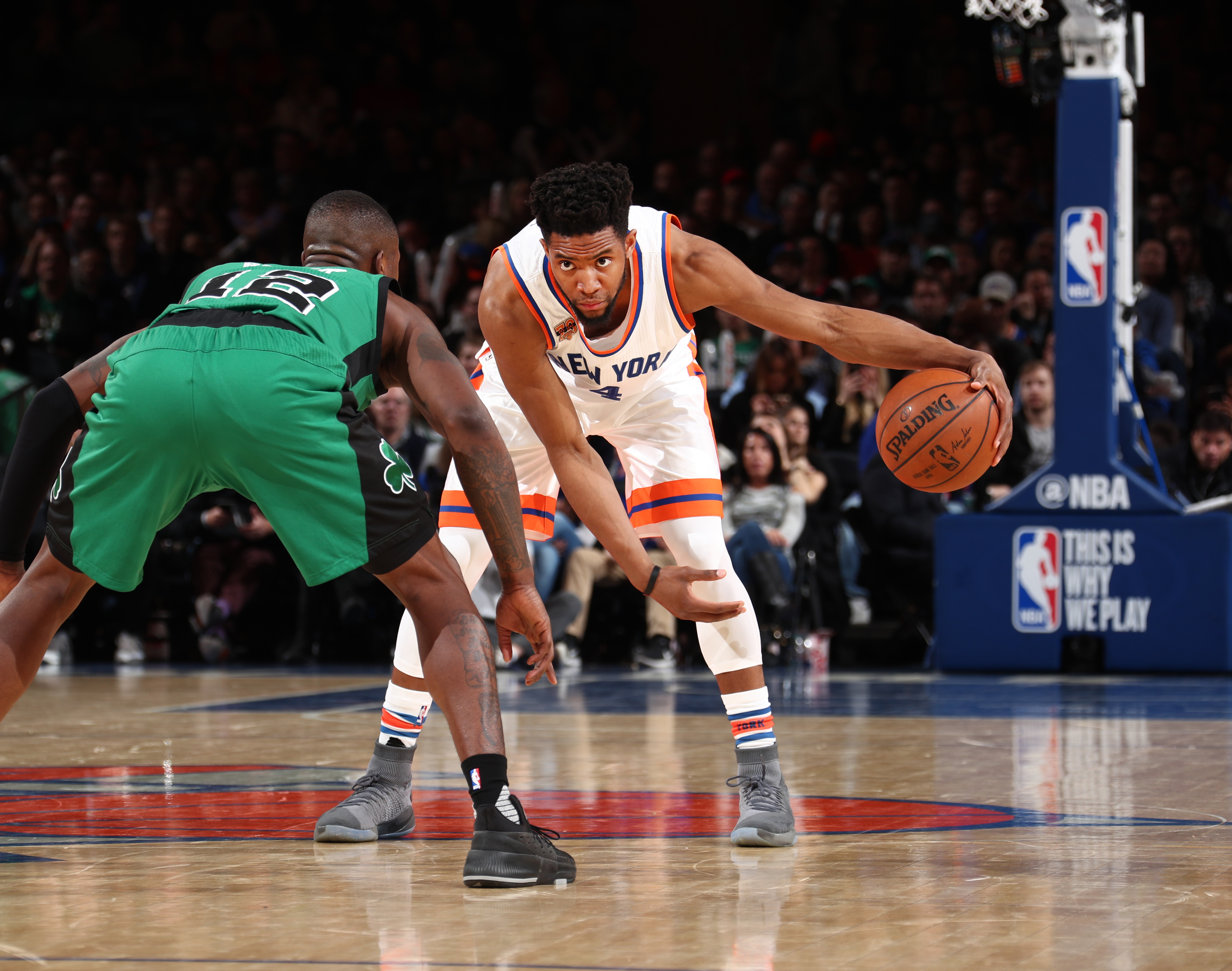 NEW YORK, NY - APRIL 2: Chasson Randle #4 of the New York Knicks handles the ball during a game against the Boston Celtics on April 2, 2017 at Madison Square Garden in New York City, New York. NOTE TO USER: User expressly acknowledges and agrees that, by downloading and/or using this photograph, user is consenting to the terms and conditions of the Getty Images License Agreement. Mandatory Copyright Notice: Copyright 2017 NBAE (Photo by Nathaniel S. Butler/NBAE via Getty Images)